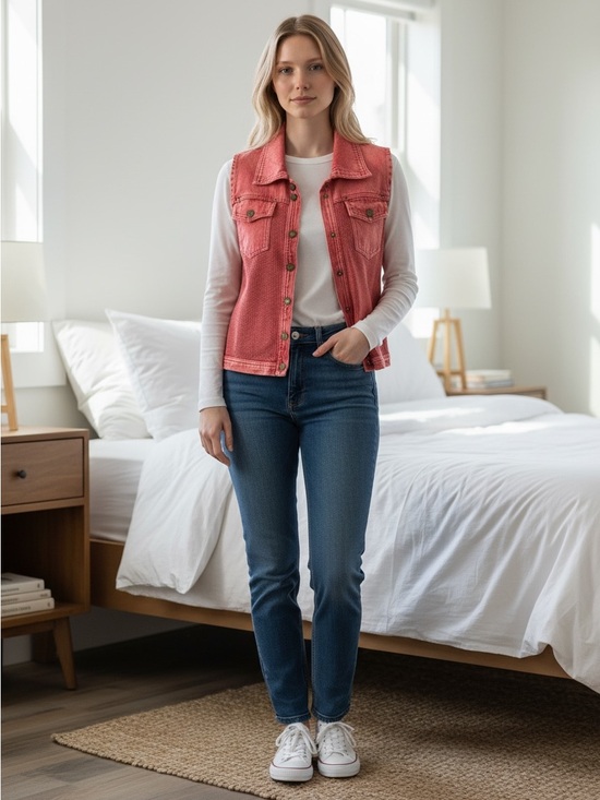 Pbj Blues Jackets & Blazers - Red Distressed Denim Button-Front Vest - Knit Back S